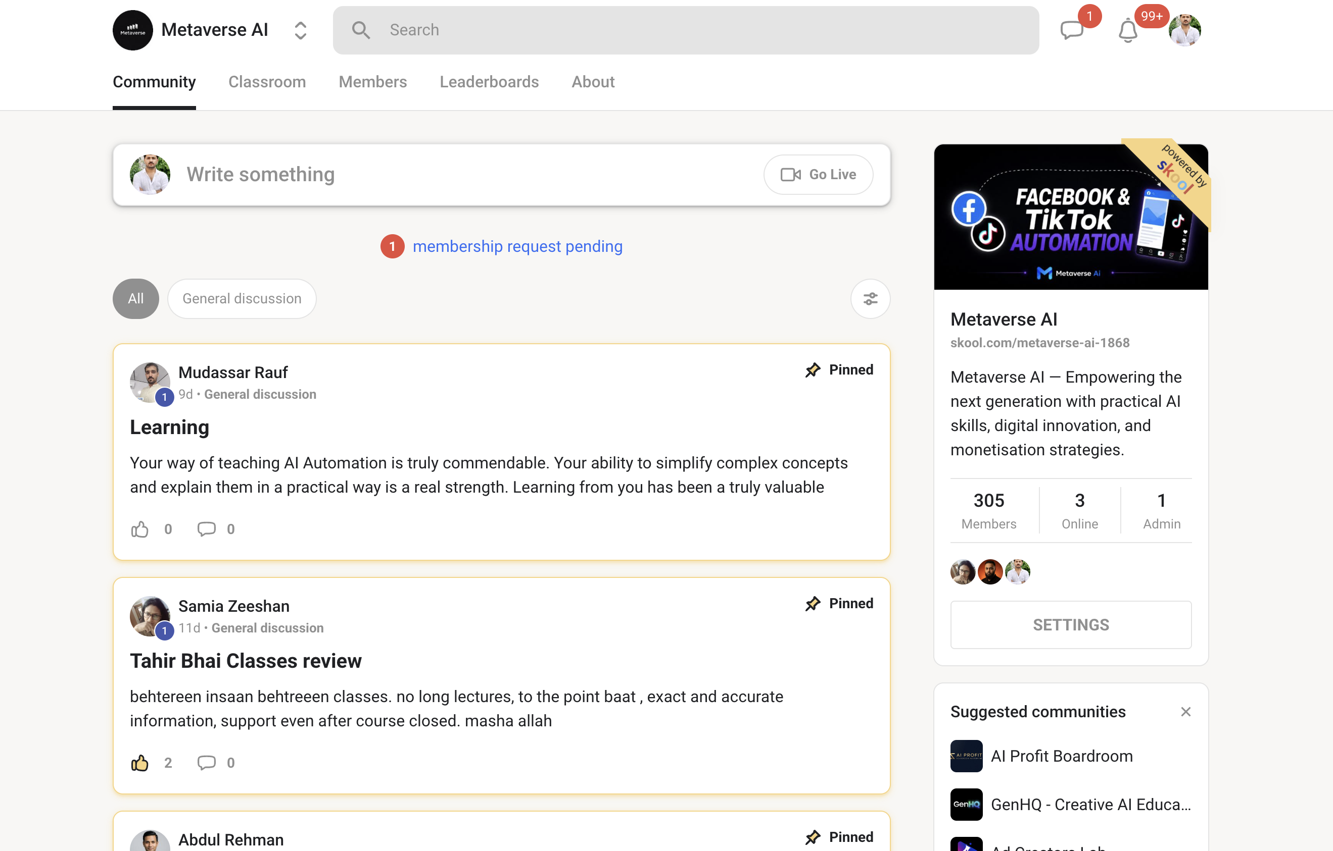 Metaverse Ai Skool community page showing student posts and 305 members